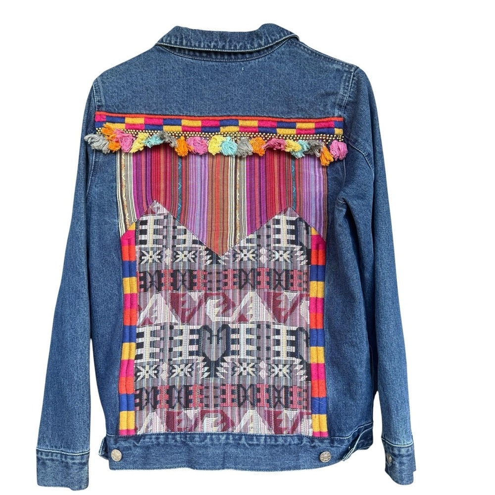 Honey Punch Jacket Womens S/M Blue Denim Embroidered Tassel Tribal Beaded Boho